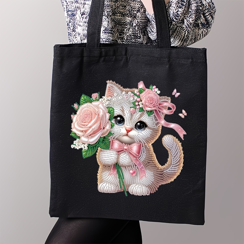 TEMU 1 Set Diy Diamond Painting Tote Bag Kit With Cute Cat Pattern On Canvas Bag - 1 Set Diy Diamond Painting Tote Bag Kit With Diamond Painting