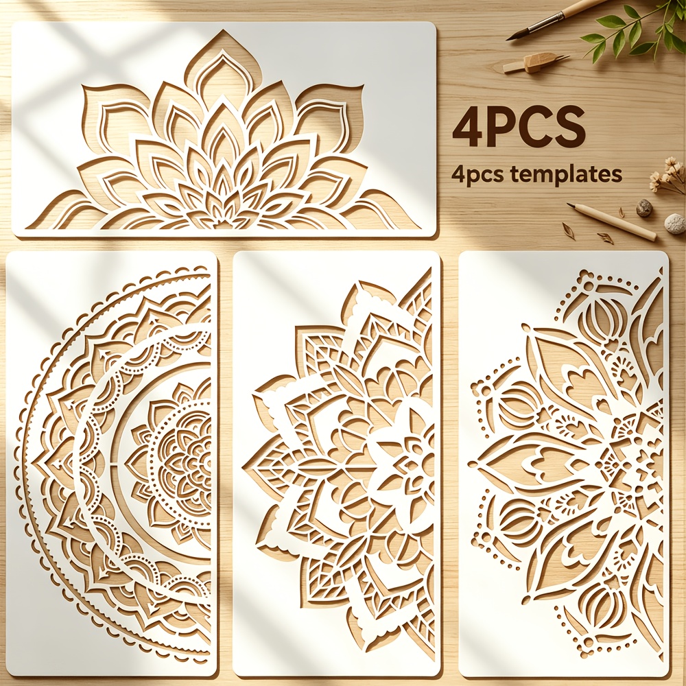TEMU 4pcs Set Painting Template - X 5.91inch Reusable Mandala Templates - Floral Pattern Plastic Painting Stencil, Suitable For Wall Art, Tiles,