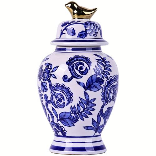 1pc traditional chinoiserie handcrafted big size blue and white porcelain ginger jar with lid for home decoration
