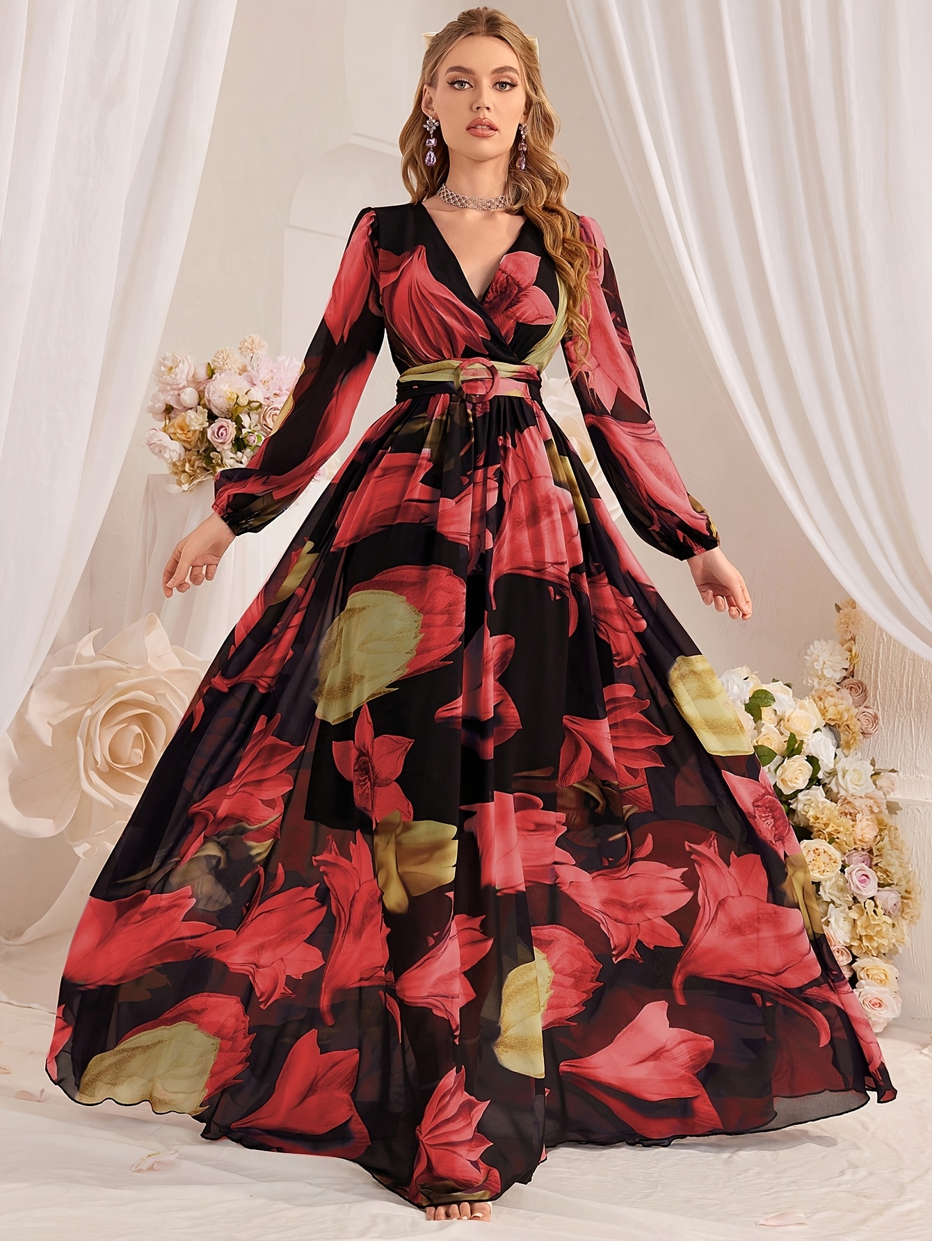 semi formal wrap dress Black Floral Short Dress with Lace Back
