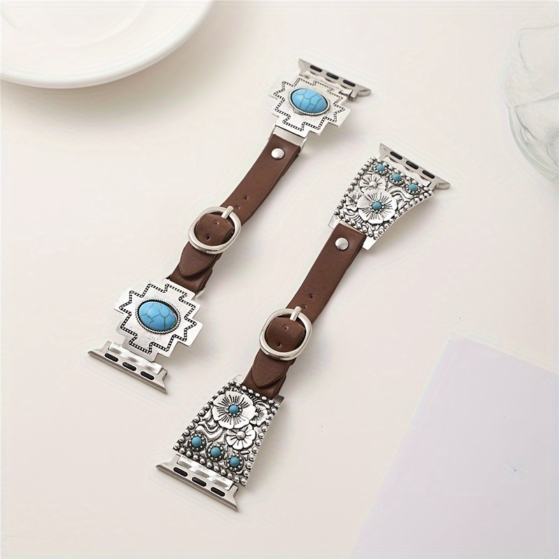 

1pc Synthetic Synthetic Leather Watch Band Compatible With Iwatch Strap Women 38/40/41/42/44/45/49mm, Bohemian Turquoise Design Western Retro Ethnic Vintage Band For Iwatch Series 6 5 4 3 2 1 Se / 1