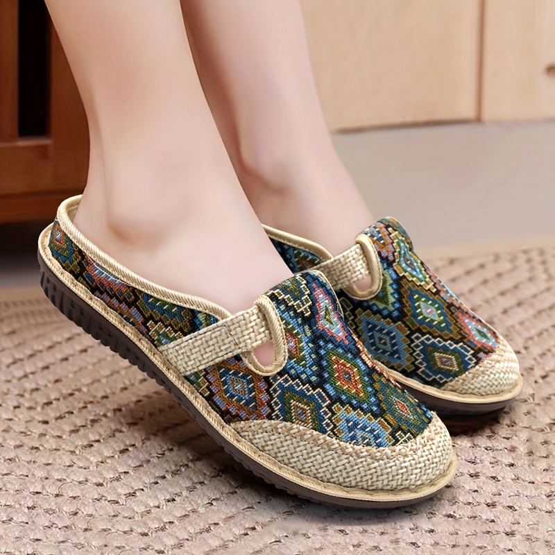 

Women's Linen Sole Slides, Lightweight Soft Slip On Tribal Print Walking Shoes, Closed Toe Breathable Shoes