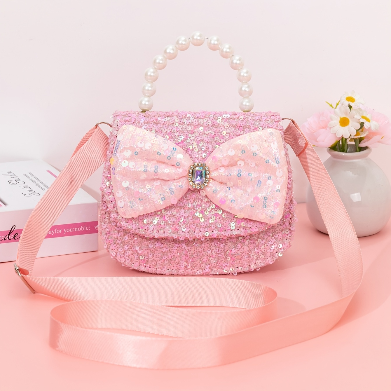 TEMU 1pc Sequin Material Large Bow Decoration Pearl Strand Handbag, Adjustable Crossbody Bag, Suitable For , Birthday Gift, Holiday Gift