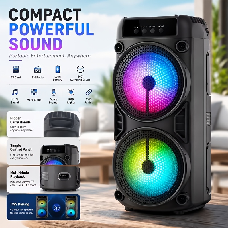 Image of Wireless Heavy Speaker - 10-inch Portable Wireless Speaker With Rgb Led, Usb Charging & Fm Radio. Dual 4-inch Drivers. Easy To Carry For Outdoor Camping. Gift For Family & !