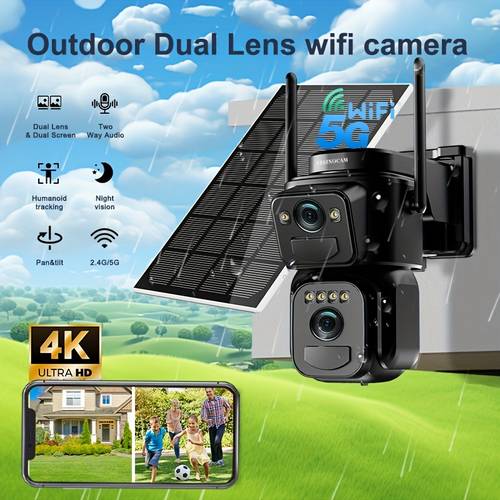 1pc 4k dual lens dual screen automatic tracking ptz 355 coverage 5g dual band wifi bt ip66 waterproofing color night spotlight alarm free trial of cloud storage pet monitoring solar panel giveaway