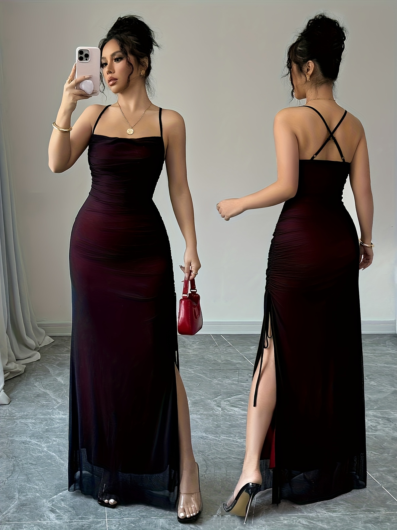 knee length dresses for ladies Black Sheer Mesh and Lace Leotard with Red Bra Top main image 1