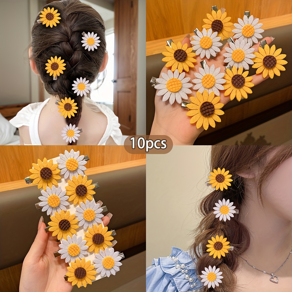 TEMU 10pcs Sweet Sunflower Hair Clips For Girls - Versatile All-season Knit Fabric, Perfect For Everyday & Casual Wear