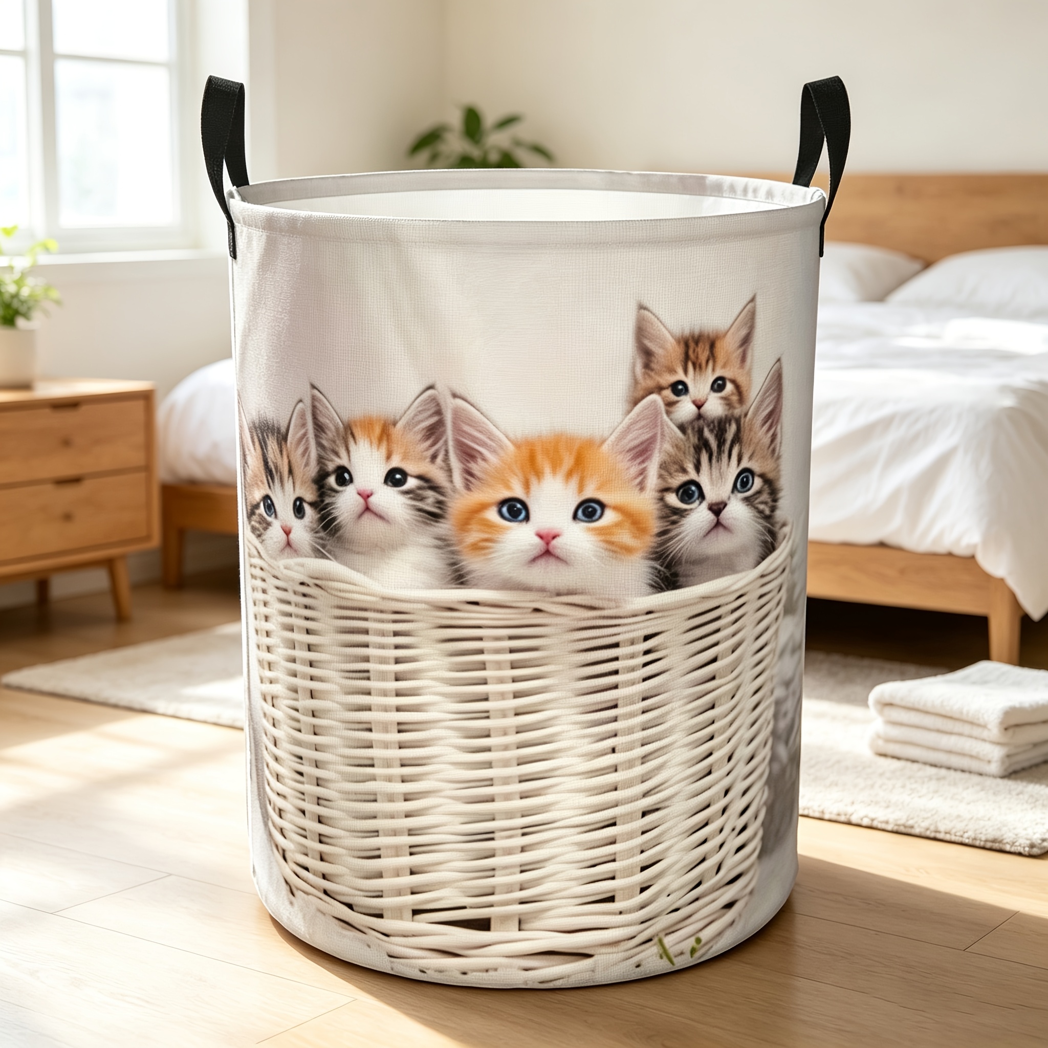 TEMU 1pc High-quality Large Capacity Round Laundry Basket, Cute Kitten - Foldable, Portable With Handle, Suitable For Home And Dormitory Use,