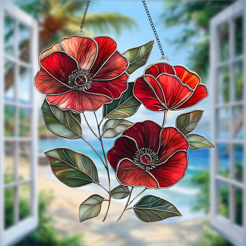 

1pc, Poppy Flowers Suncatcher (7.5" * 8"), Window Hanging Ornament, Acrylic Suncatchers, Floral Decor, Garden, Living Room Decor, Nature-, Elegant Corners, Gift For Flower Lovers, Friends, Family,