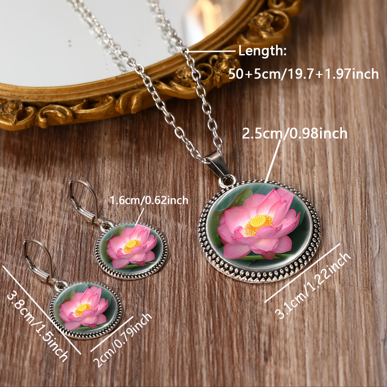 3pcs Classic Round Glass Base Jewelry Set with Pink Lotus Design