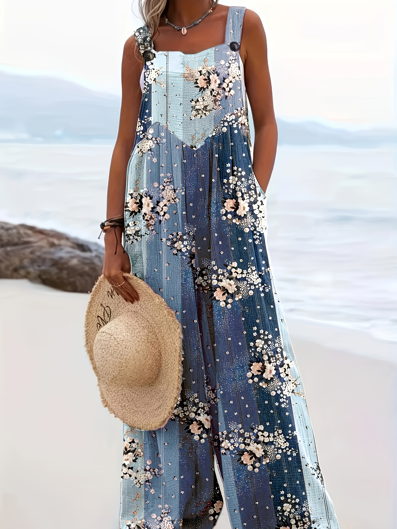 plus size floral print pockets overall jumpsuit casual button overall jumpsuit for spring summer womens plus size clothing sky blue 0