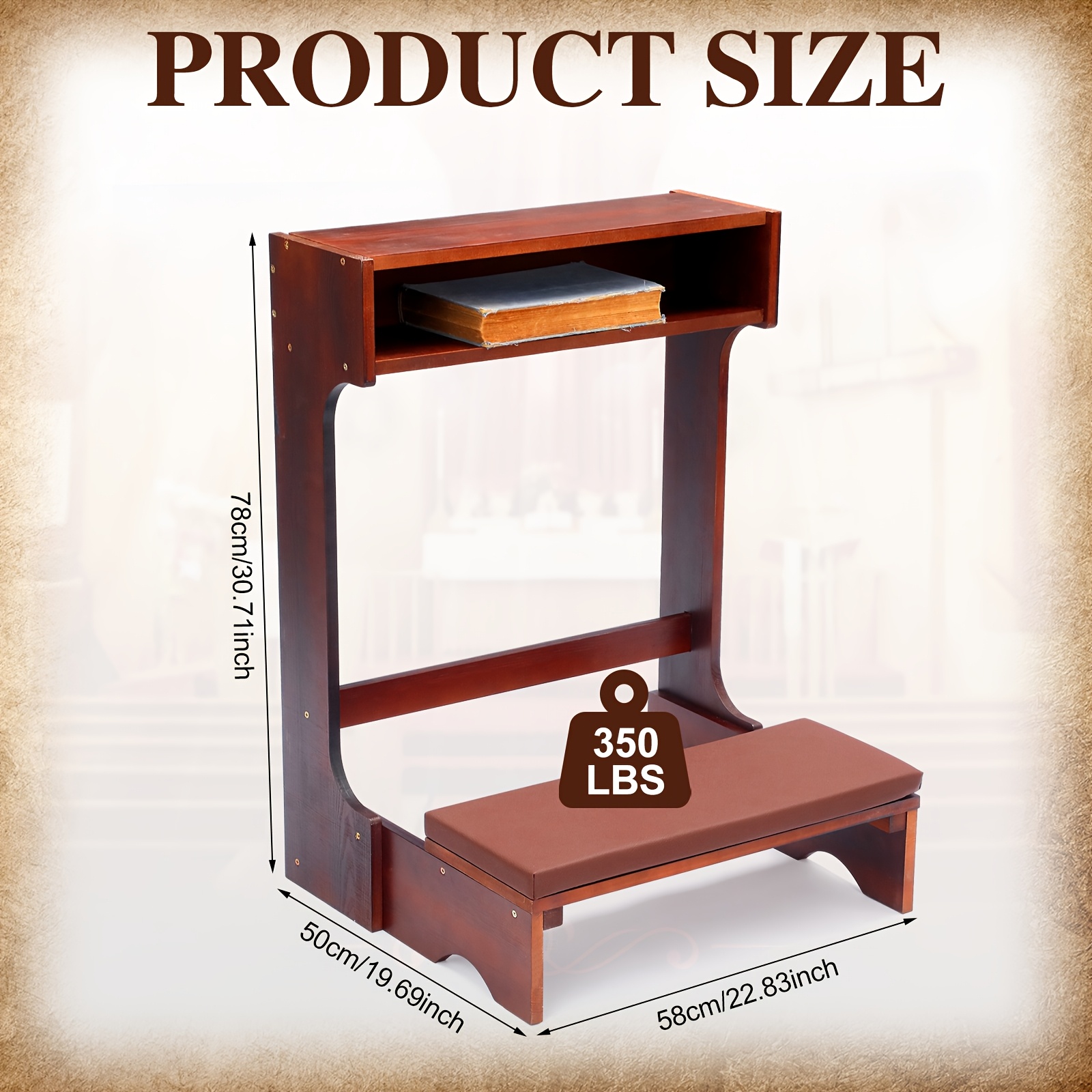 A Sturdy Wooden Prayer Stool Featuring a Shelf And Cushion, Ideal for Church Use Or Home Kneeling. This Padded Kneeler Measures 23 by 20 by 31 Inches And Makes a Thoughtful Religious Gift
