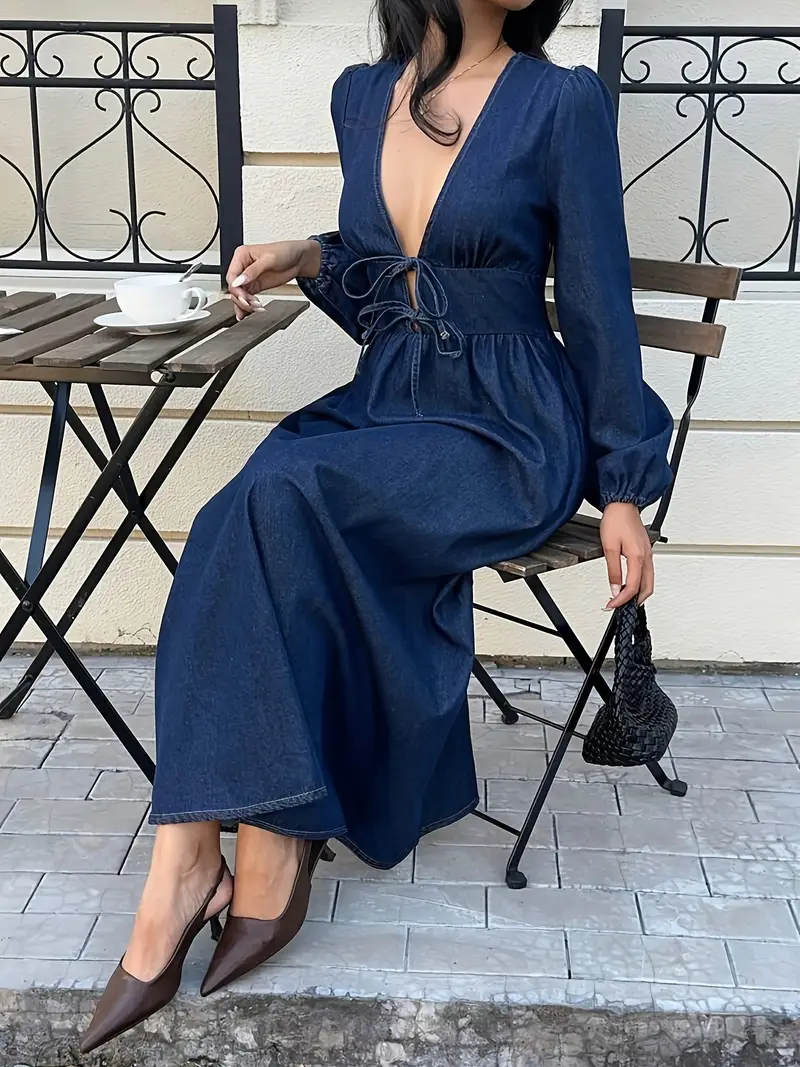 midi denim dresses for older ladies with sleeves Dark Wash Midi Dress - Denim Dress - Long Sleeve Midi Dress