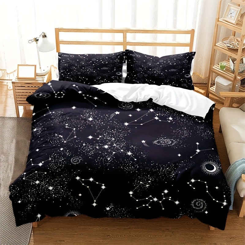 Sternenhimmel-Bettbezug-Set, schwarze Galaxie-Bettwäsche für Jungen-, Teenager- Mädchenzimmer-Dekor, schwarzer Sternenhimmel-Bettbezug Daunendeckenbezug 3-teiliges Set, enthält 2 Kissenbezüge 1