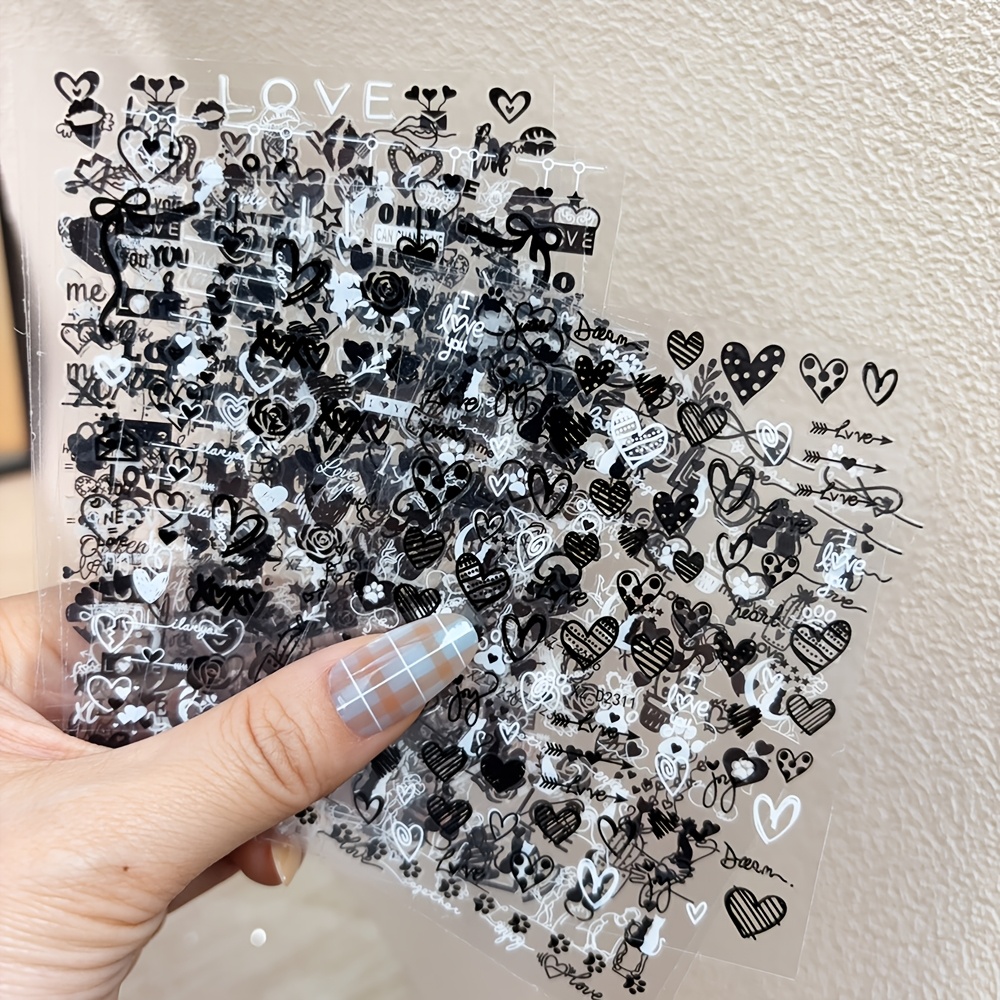 Image of 12 Sheets Heart Nail Art Stickers | Self-adhesive Black And Nail Decals For Valentine's Day Manicure With "i Love You, " Rose, And Patterns