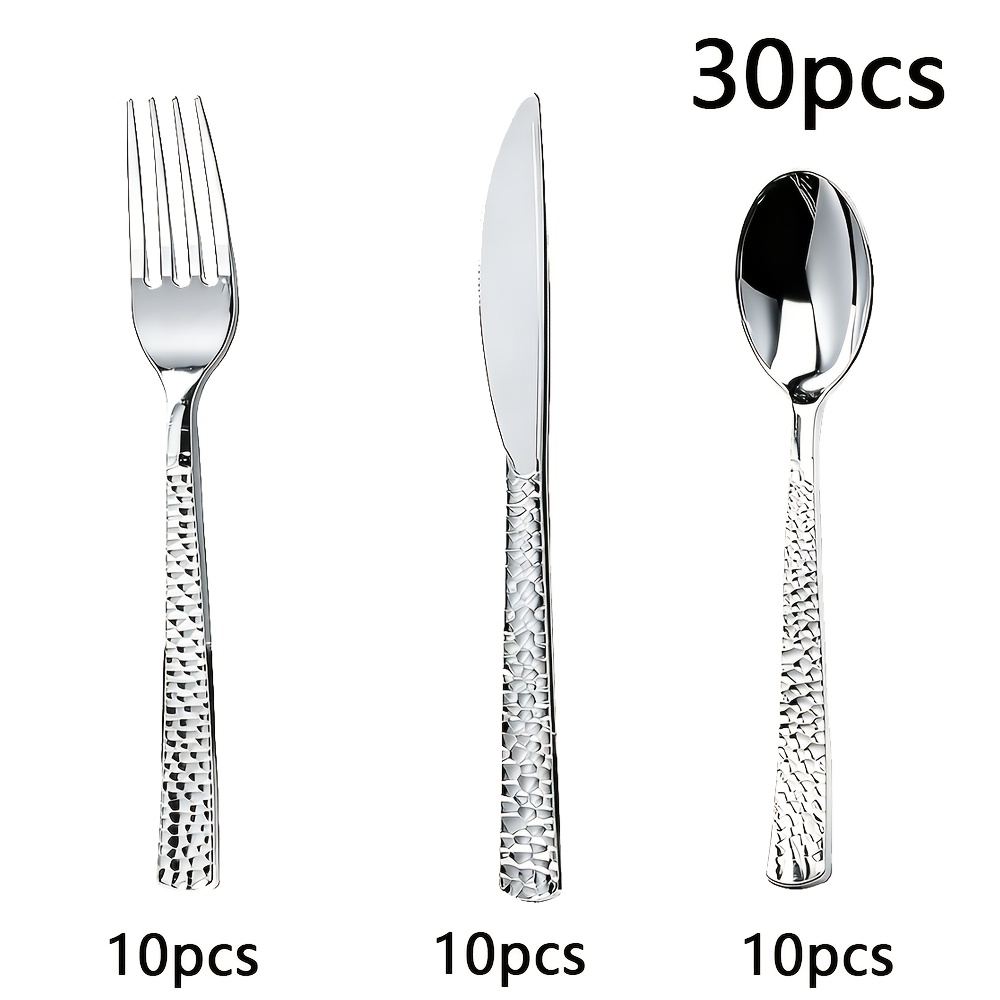 Image of 30pcs Silvery Plastic Cutlery Set (10 Knives, 10 Spoons, 10 Forks) Suitable For Weddings, Birthday Parties, Graduation Parties, , Anniversary Parties, Etc. Durable Plastic Cutlery