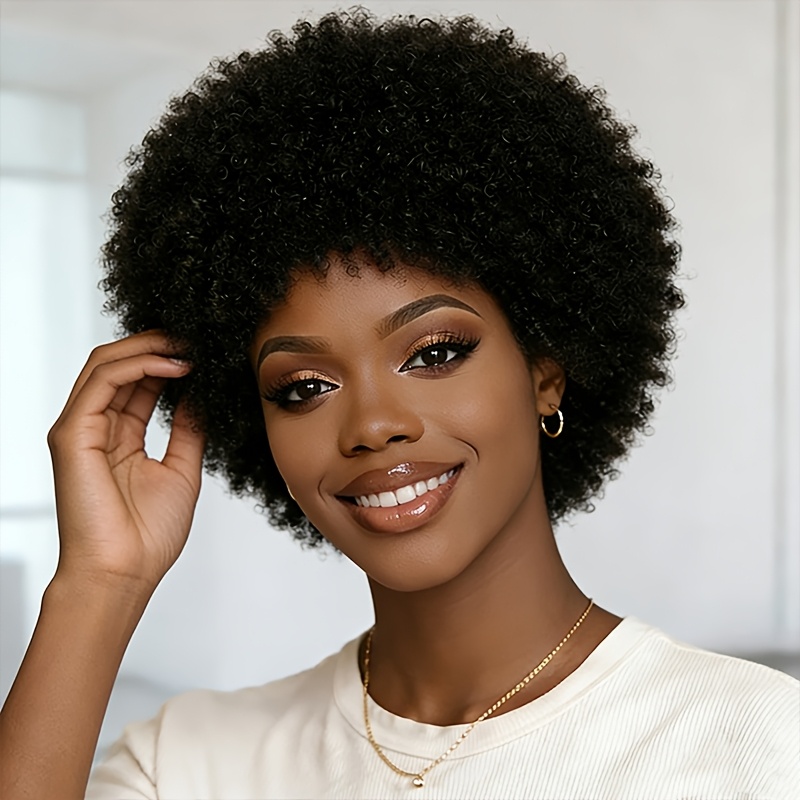 Image of Brazilian Human Hair Wig - African Style. Soft, , And Beautifully ; Suitable For Cosplay Or Daily Wear. Features 200% Density And With An Elastic Mesh Cap. Natural Black Shade. Designed For Women