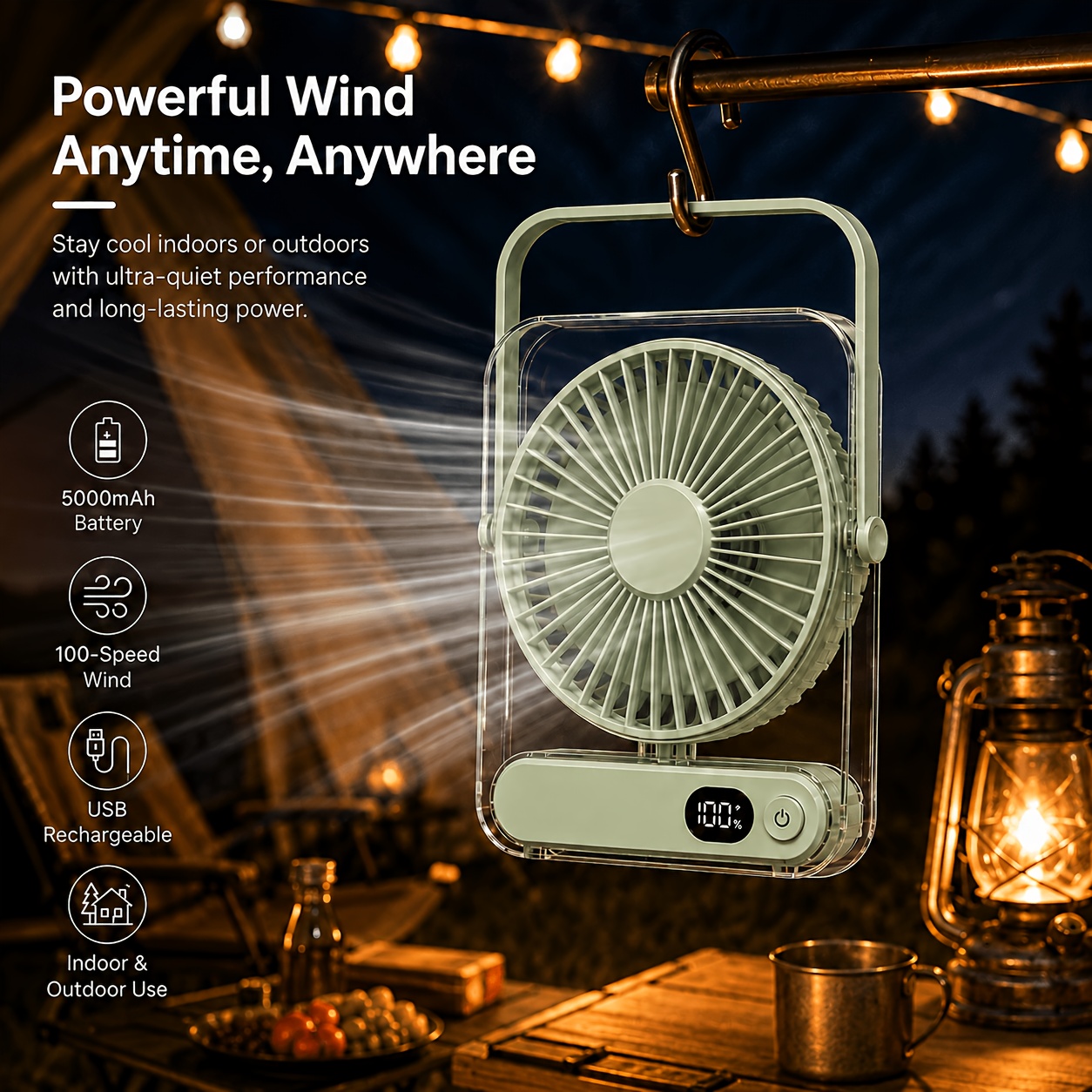 Image of Powerful Portable Fan For Camping, 5000mah Long , 100-speed Wind Adjustment, 5000mah Large Battery, Usb Rechargeable Fan For Outdoor Indoor