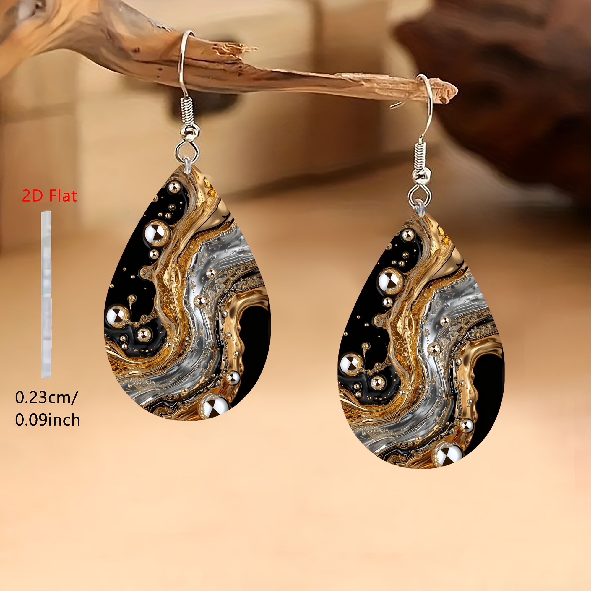 Image of 2d Flat, 2d Flat - 1 Pair Golden Wave Flow Pattern Acrylic Steel Earrings, Elegant And Fashionable Style Jewelry For Men And Women, Daily Wear Ear Accessories, Valentine's Day Gift, 2d Flat