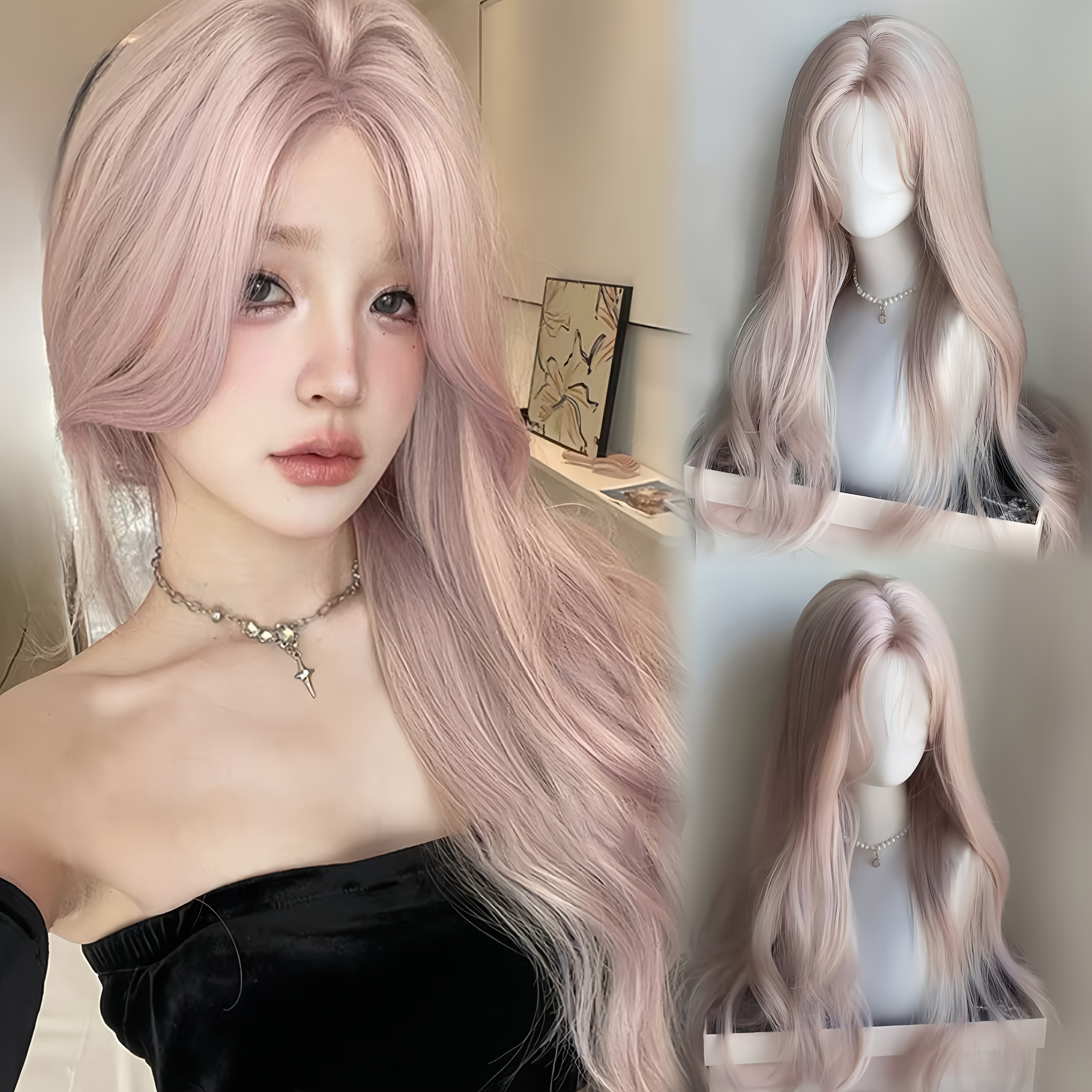 TEMU 1pc 26-inch Women's Wig, Cute And Sweet, Light Pink, With Side Bangs And Big Waves, Long Curly Hair, Suitable For Daily Wear, Halloween, Music