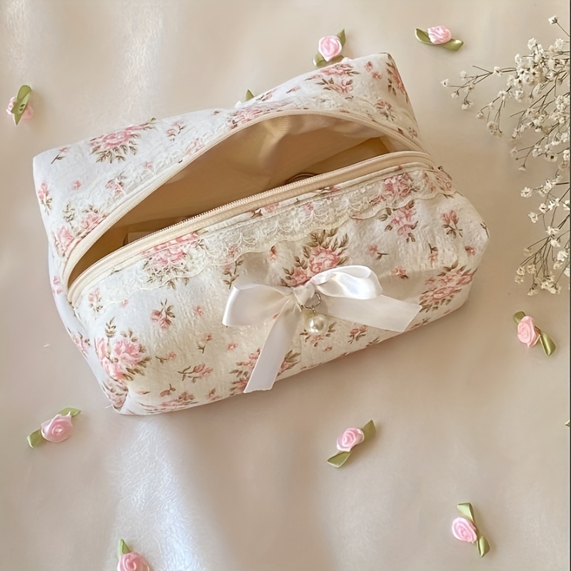 Image of 1pc Elegant White Lace Lace Cosmetic Bag, With Bow, Spacious Women's Travel Cosmetic Bag, Ideal For Vacation Travel And