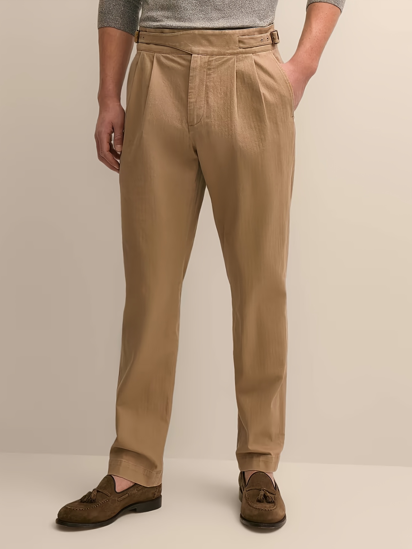 New Spring/Autumn Pure Cotton Work Business Elegant Casual Italian Naples Commuter Straight-Leg Double-Panel Gurkha Pants, Solid Woven Button Men's Dress Pants Suit Pants, Daily Fashionable and Comfortable Wear for Office, Men's Summer and All-Season