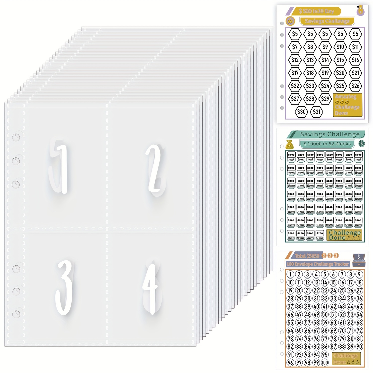 

100 Envelopes Money Saving Challenge A5 Binder Inserts For Replacement, 25packs Cash Stuffing Envelopes & 3 Challenge Trackers, A5 Binder Inserts Pre-numbered 1-100, Clear Money Envelopes For Cash