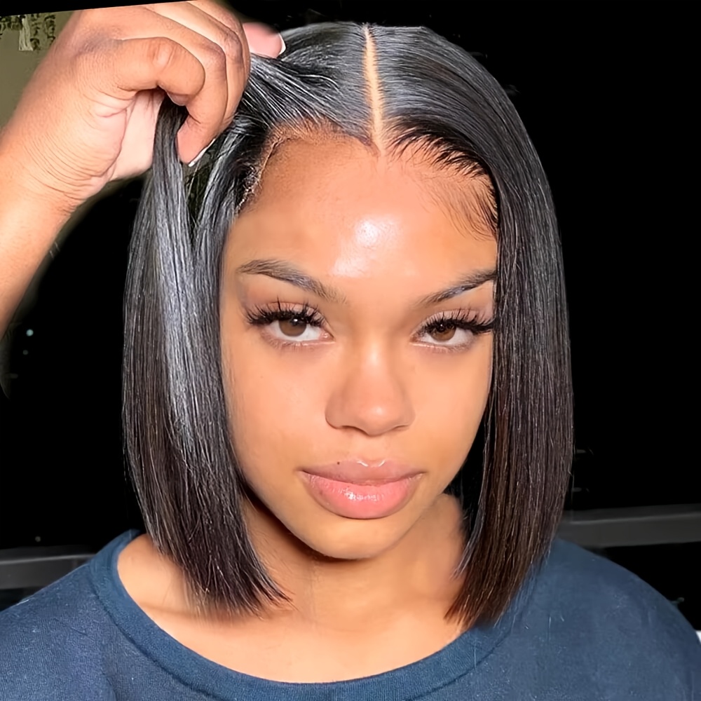 Image of 4x4 Short Bob Wigs For Women Human Hair Straight Glueless Wig Human Hair Wigs Pre Cut Lace Air Wig Black Color