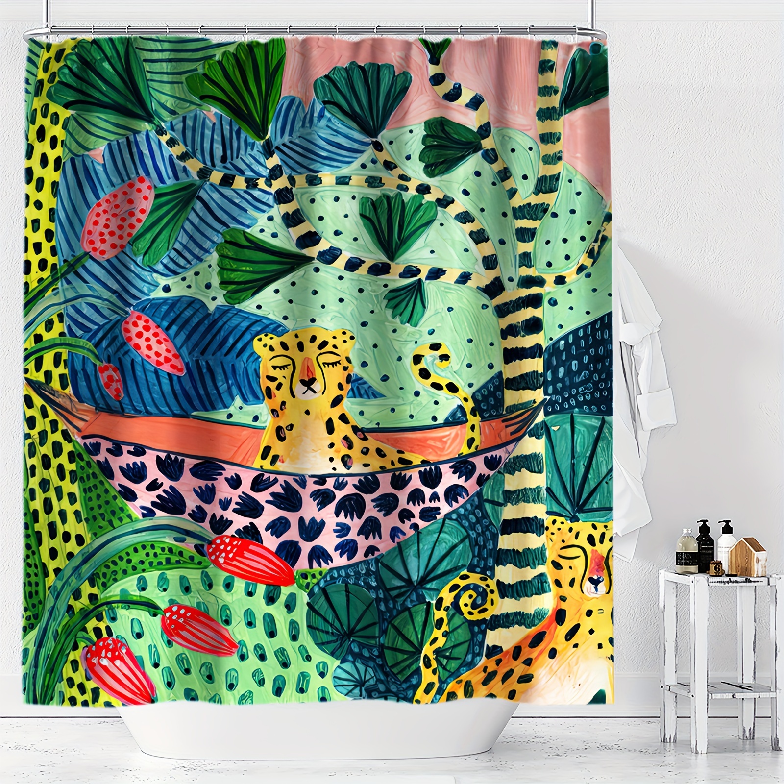 

1pc Colorful Painted Forest With Leopards, Hammock, Flowers & Greenery, Digital Print Shower Curtain, Machine Washable Bathroom Decor