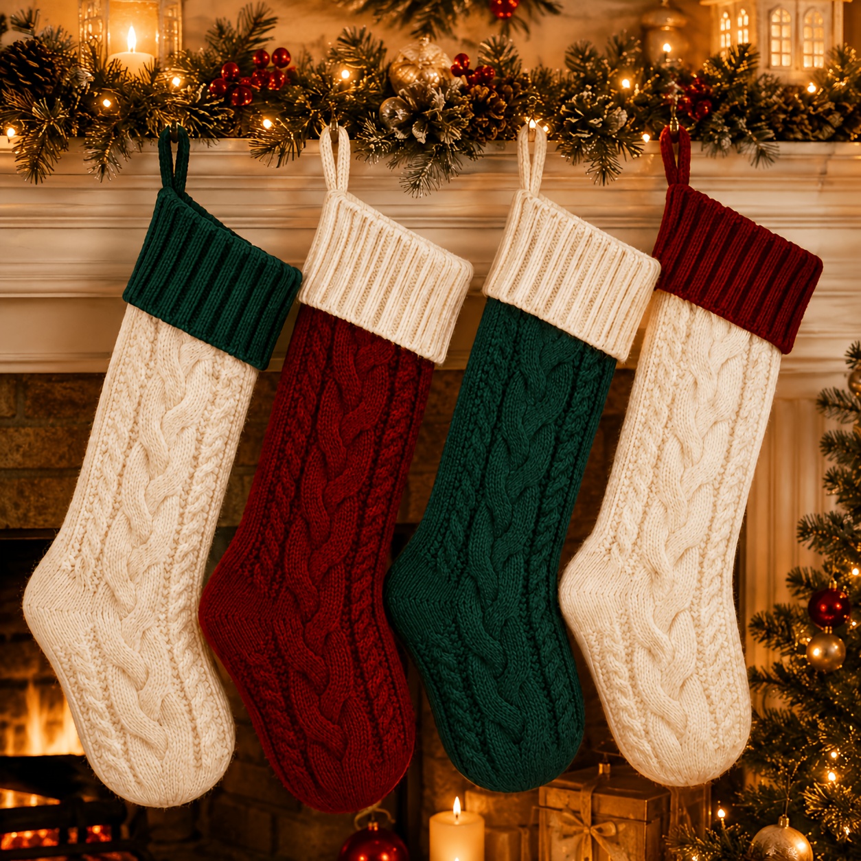 TEMU 4pcs Christmas Stockings, Classic 4-style Holiday Decorative Socks, Christmas Home Decor For Room Party Arrangement, Set Of Candy Bags, Red,