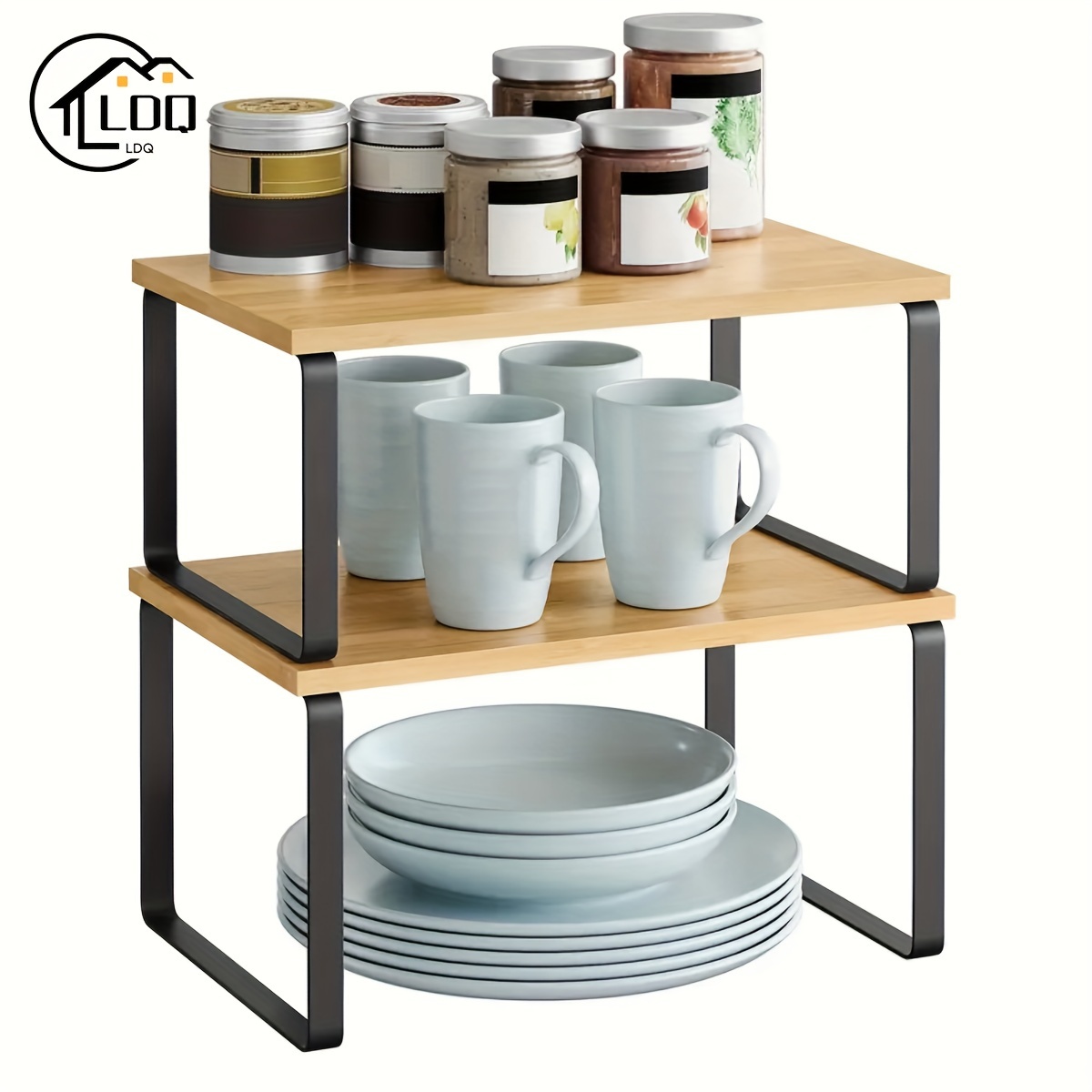 

Ldq 2-pack Stackable Cabinet Organizer - Expandable Kitchen Countertop Shelf, Spice Rack, Storage For Dining & Indoor Use, Solid Wood & Metal Construction