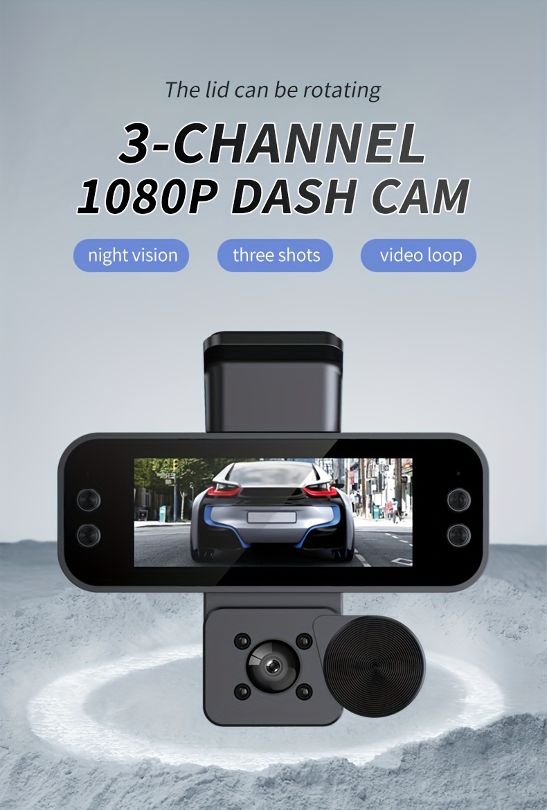   3 channel dash cam high resolution front rear car recorder with seamless loop discreet black box design for safe driving accident protection details 0