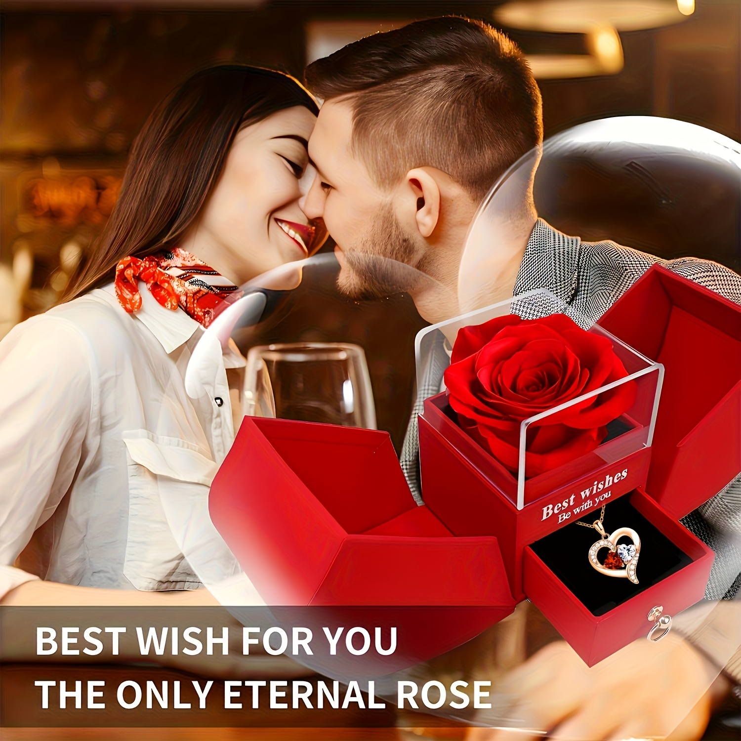 Elegant Light Luxury Artificial Rose Gift Box with Heart Necklace - Perfect for Wife, Lover, Friend or Bestie | Christmas Present Idea, Party Favor & Celebration Keepsake, Romantic Gesture, Stylish Accessory, Metal Jewelry, Durable Material, Sentimental Jewelry