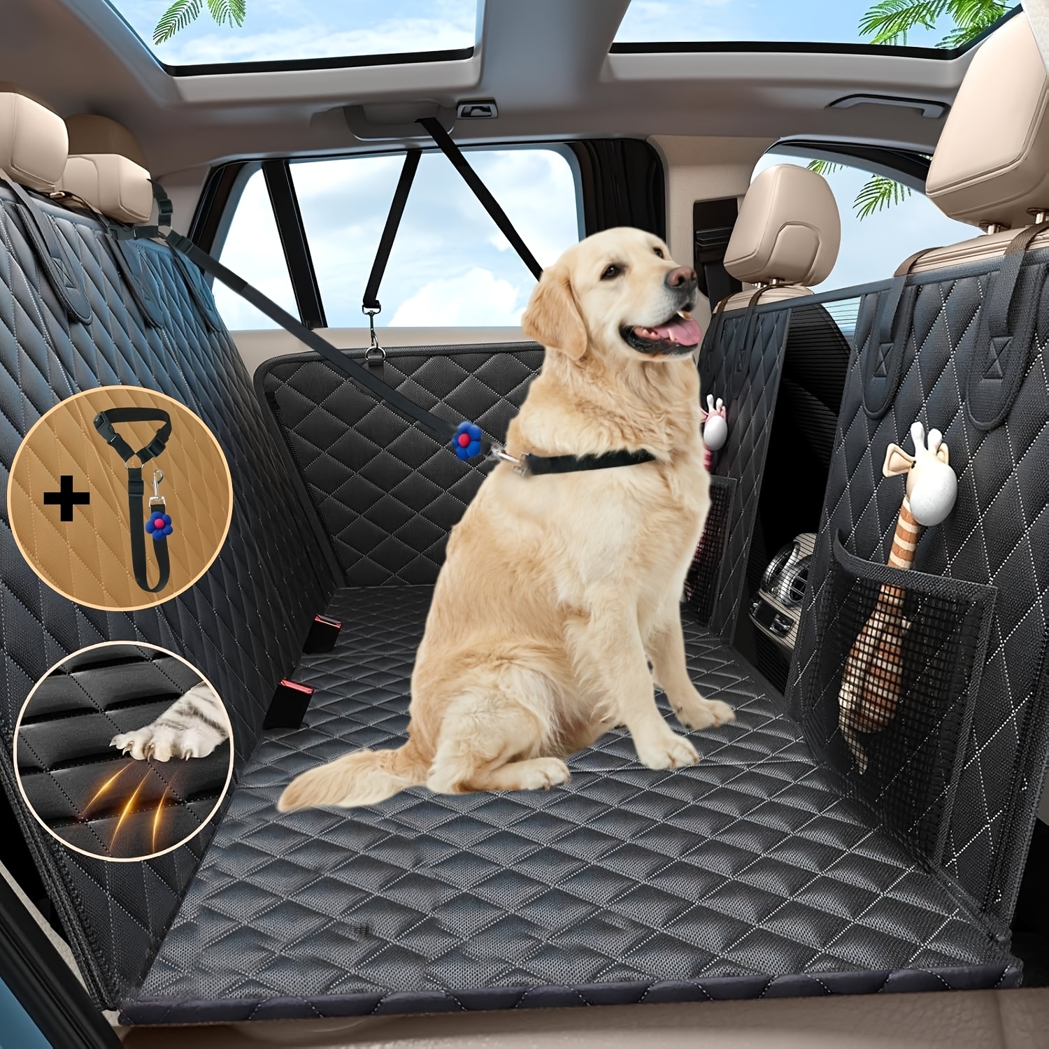 TEMU Hard Bottom Non-slip Dog Car Seat Cover For Rear Seats, Includes Adjustable Pet Lead, Suitable For Sedans, Trucks, And Suvs