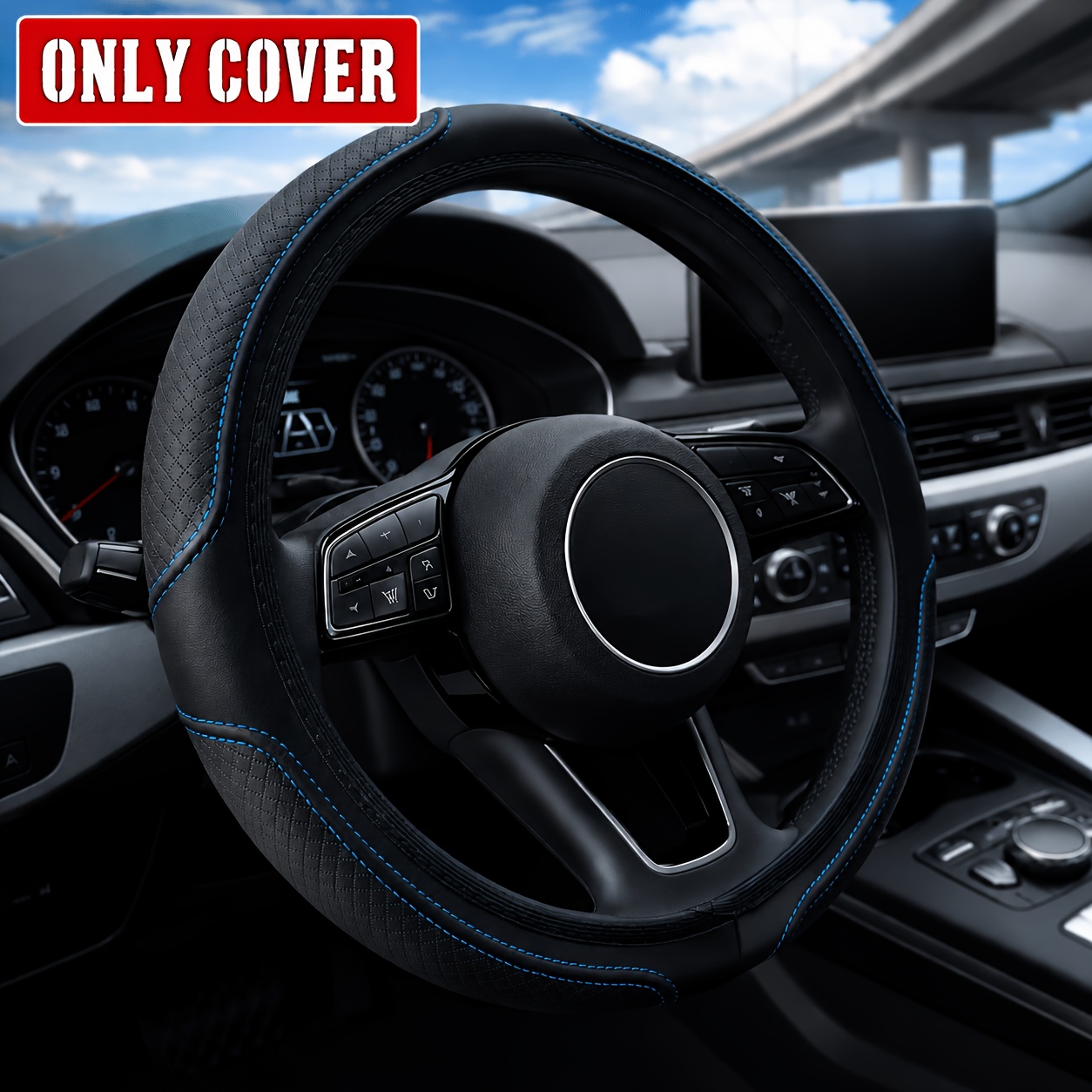 TEMU 1 funda de volante de cuero sintético con doble costura en relieve, 15 pulgadas, protector universal antideslizante y duradero para coche, para