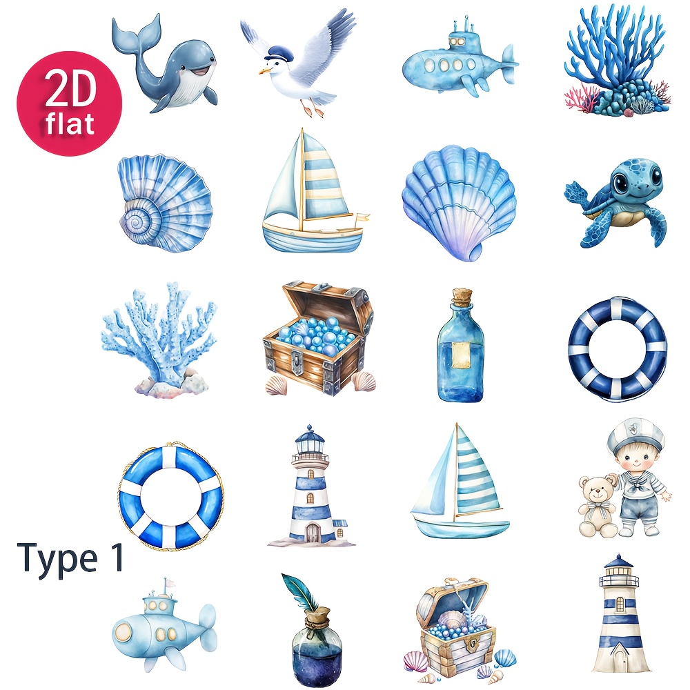 Image of 2d Flat 1-pack Vintage Blue Nautical Material Journal Stickers For Diy Scrapbooking, Diary, Photo Album, Photo Stationery Stickers, Material Stickers, Decoration, 2d Flat
