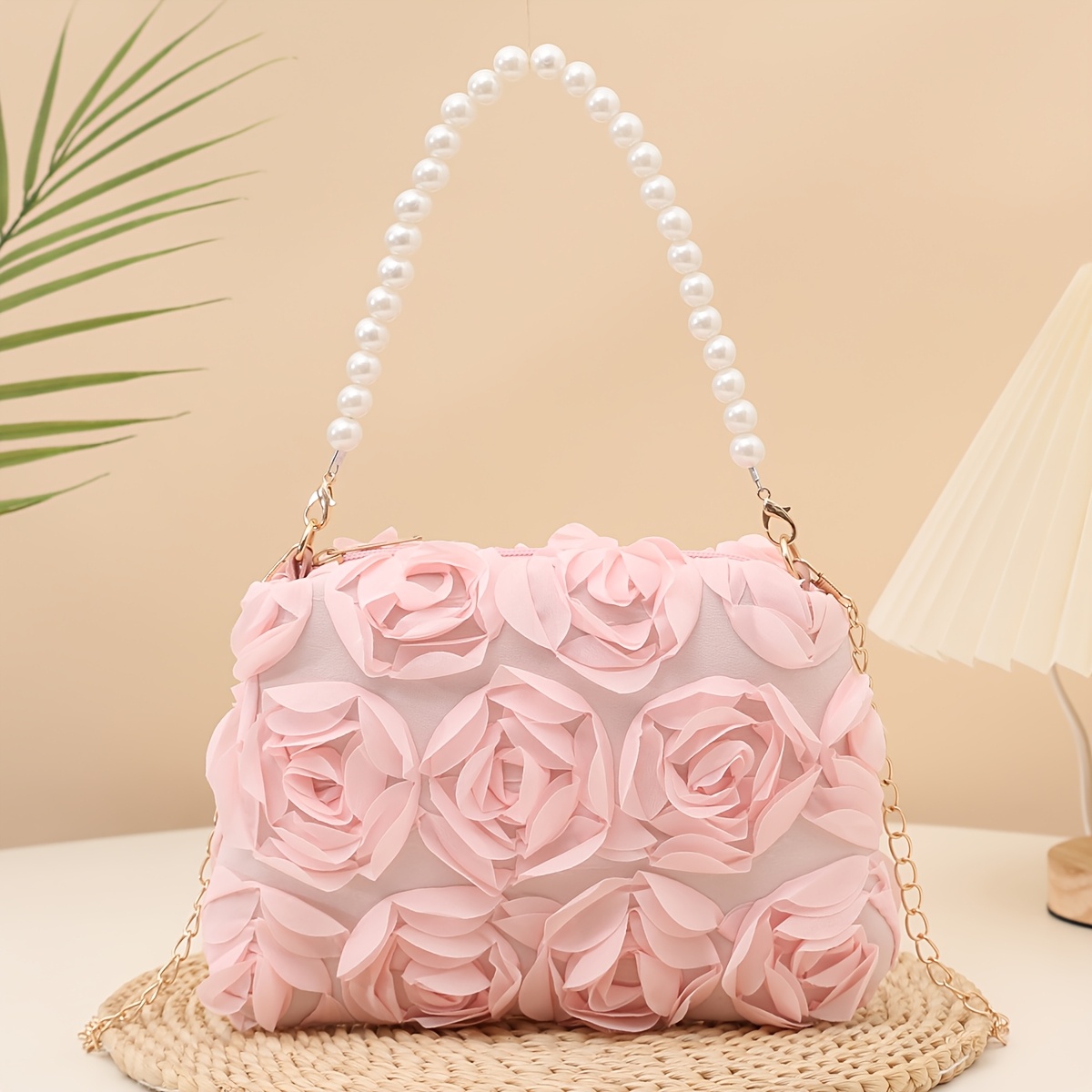 Image of New Peach Pink Rose Flower Wedding Banquet Clutch, Gentle And Elegant Ladies' Evening Bag, Handbag
