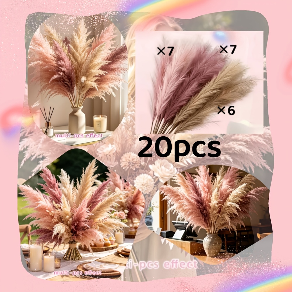 TEMU 20pcs Bohemian Style Artificial Reeds (20pcs = 7pcs Pink, 6pcs Beige, 7pcs Red-brown 3-) | Suitable For Wedding Decor, Home Decoration, Bouquet
