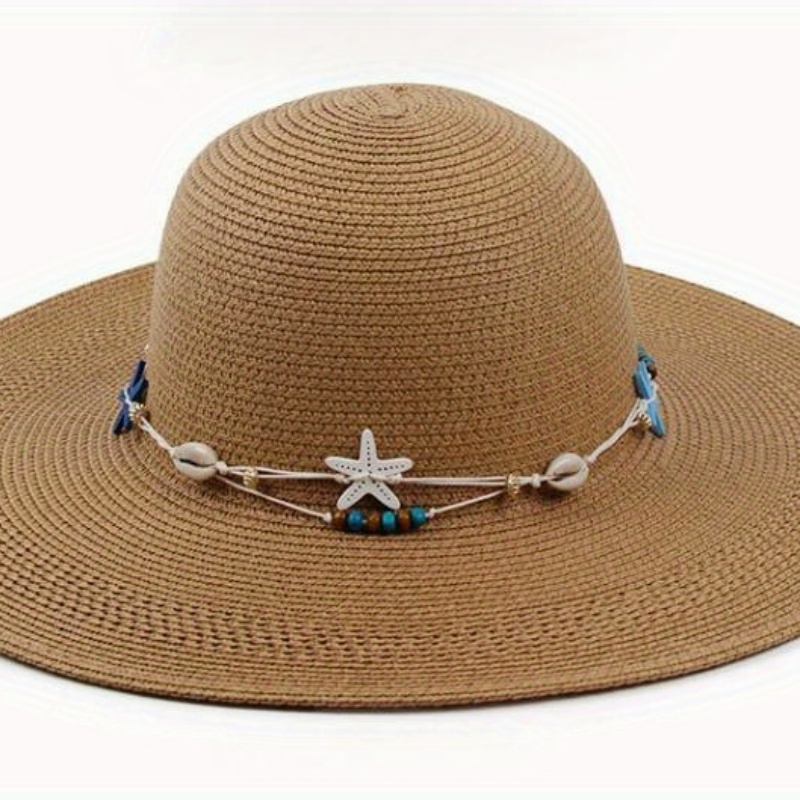 Wide Brim Straw Sun Hat with Beaded Accent - Brown Coastal Headwear Wide Brim Straw Sun Hat Wood Bead Accents  main image 4