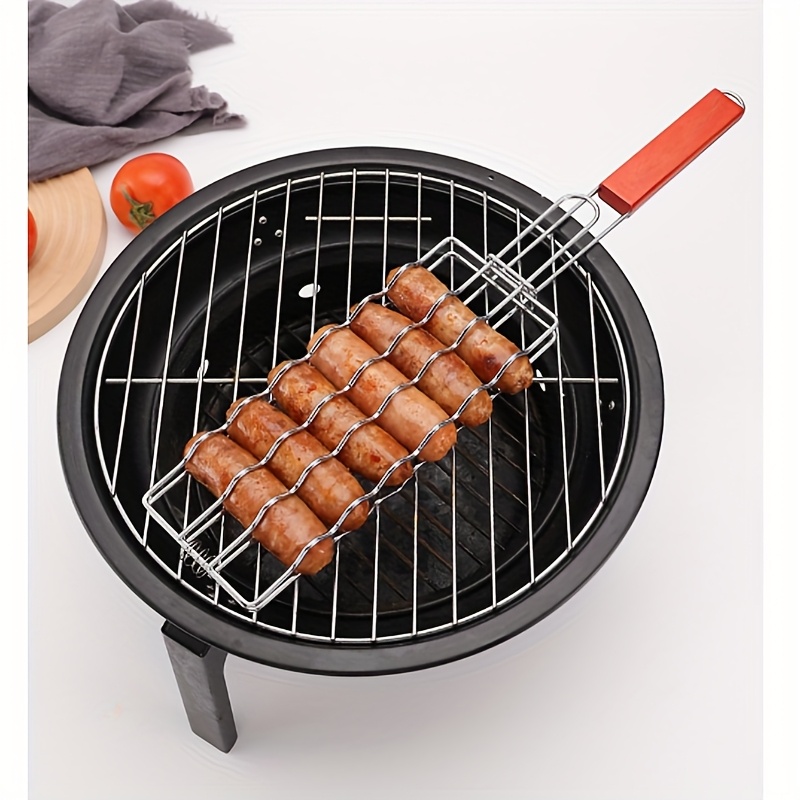 TEMU Stainless Steel Sausage Grill Basket With Wooden Handle - , Easy-release Design For Outdoor Camping & Bbq, Cooking Sausages, Sausage Grill