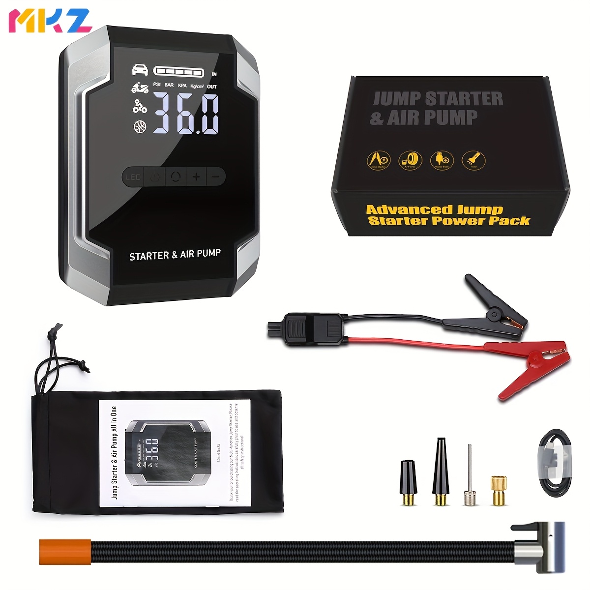 TEMU Car Battery Starter 8500a Jumper Box (all Gasoline/ 2.64 Gallon ), Portable Car Pack, Long Smart Jumper, Fast Charging, Large Display Screen, 3 Lighting , Black