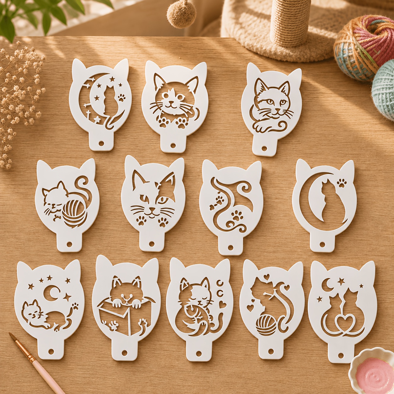 TEMU 12-pack 3.54 X 2.36 Inch Cat Face Painting Stencils, Reusable Kitten Templates With Moon, Stars, Fishbone, , Hearts, And Yarn Ball Designs For