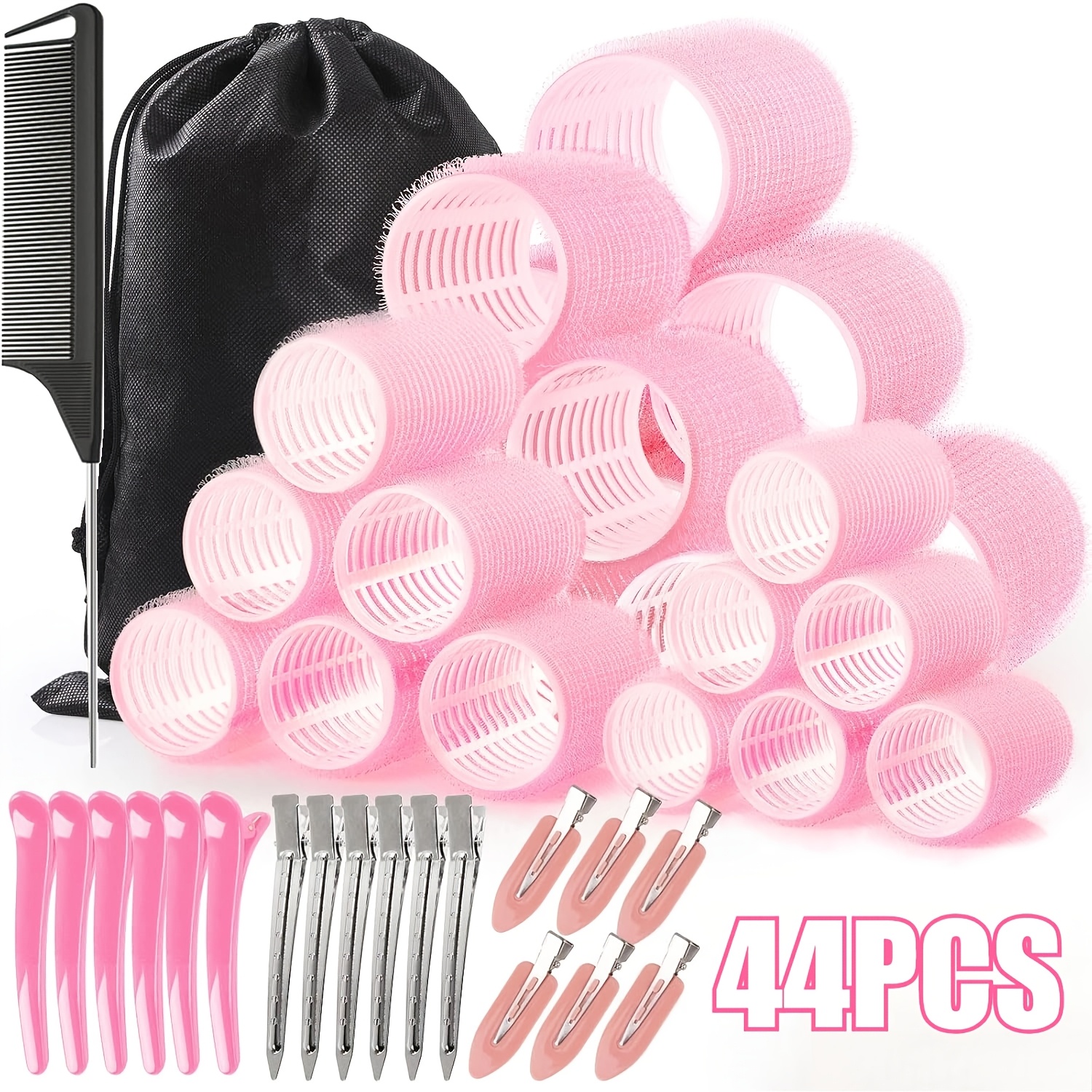 TEMU Ensemble de 44 bigoudis, avec 24 bigoudis, 18 pinces à cheveux, 1 peigne et 1 sac, grands bigoudis auto-adhésifs, bigoudis pour cheveux , moyens