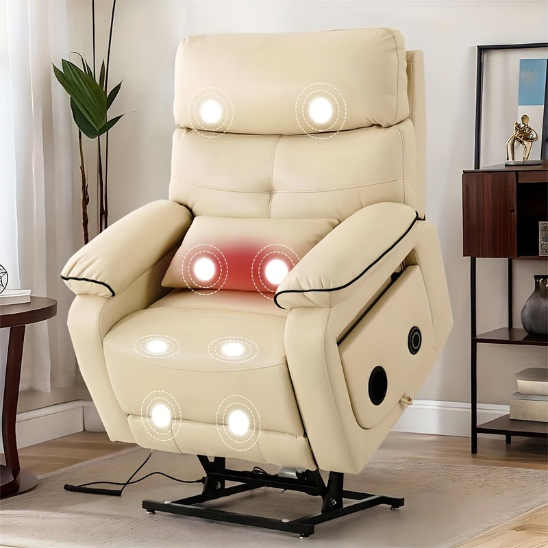 infinite position electric lift recliner with wireless charger and cup holder vibration massage and heating genuine faux leather beige brown silvery gray color   Product details 1