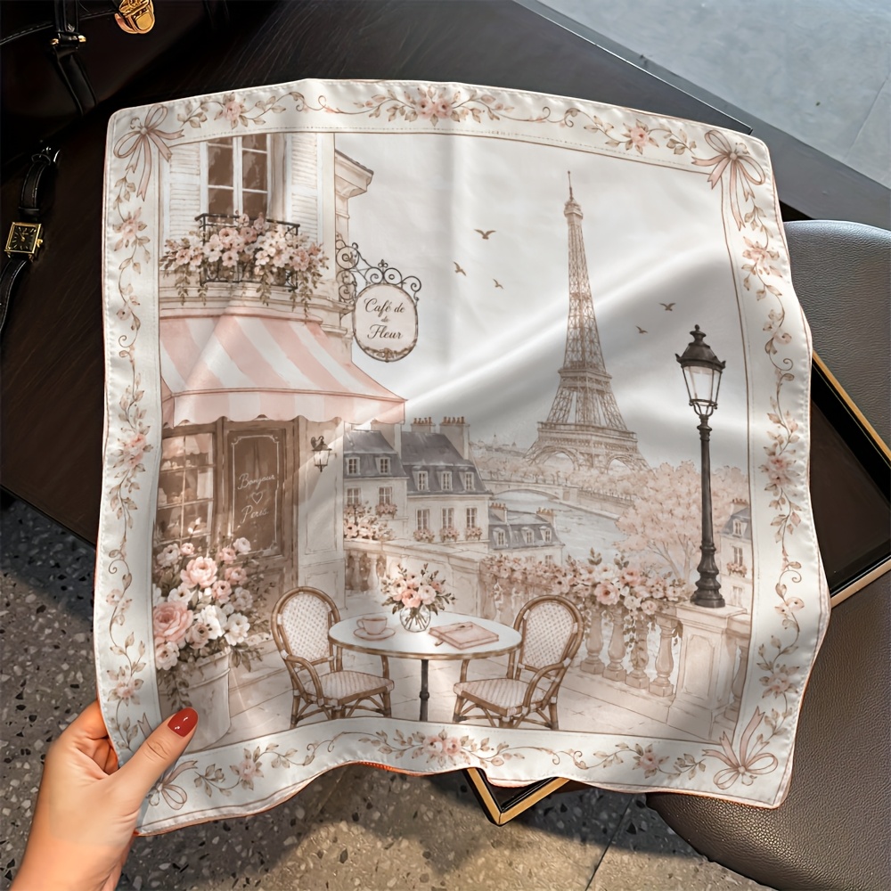TEMU 1pc Romantic Illustration Pattern Square Scarf, , Versatile And , Headscarf/neck Scarf/headband/shawl, Commuting/vacation/daily Wear, Elegant