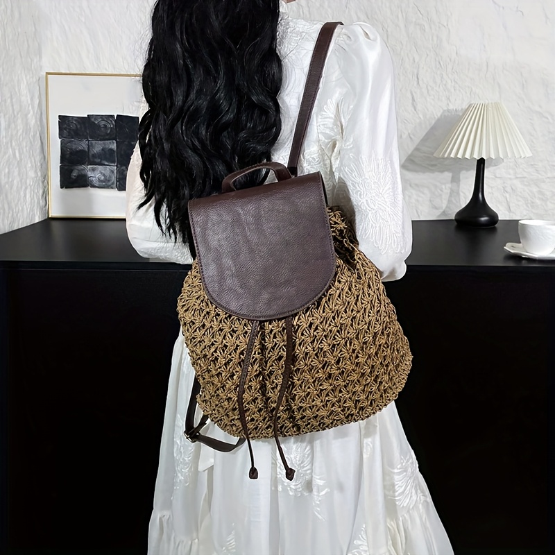 women design casual woven rattan travel bagpack beach - Temu display picture 1