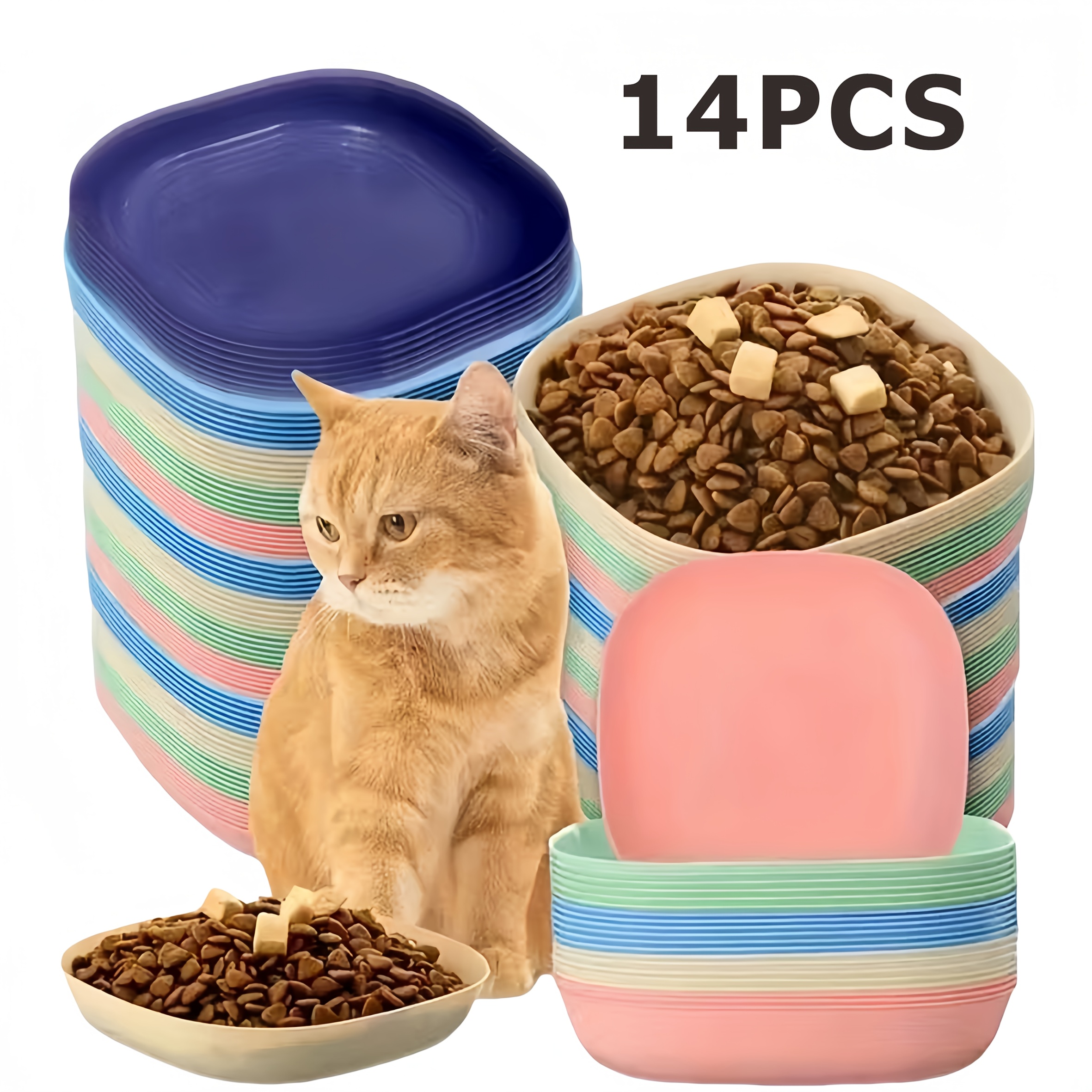 Image of Shfy 14pcs Cat And Dog Feeding Set - Heavy Compact Plastic Cat Bowls, Random Color Durable Pet Water Bowls, Pet Feeding Bowls, Suitable For Kittens, Adult Cats, Puppies, Without Battery