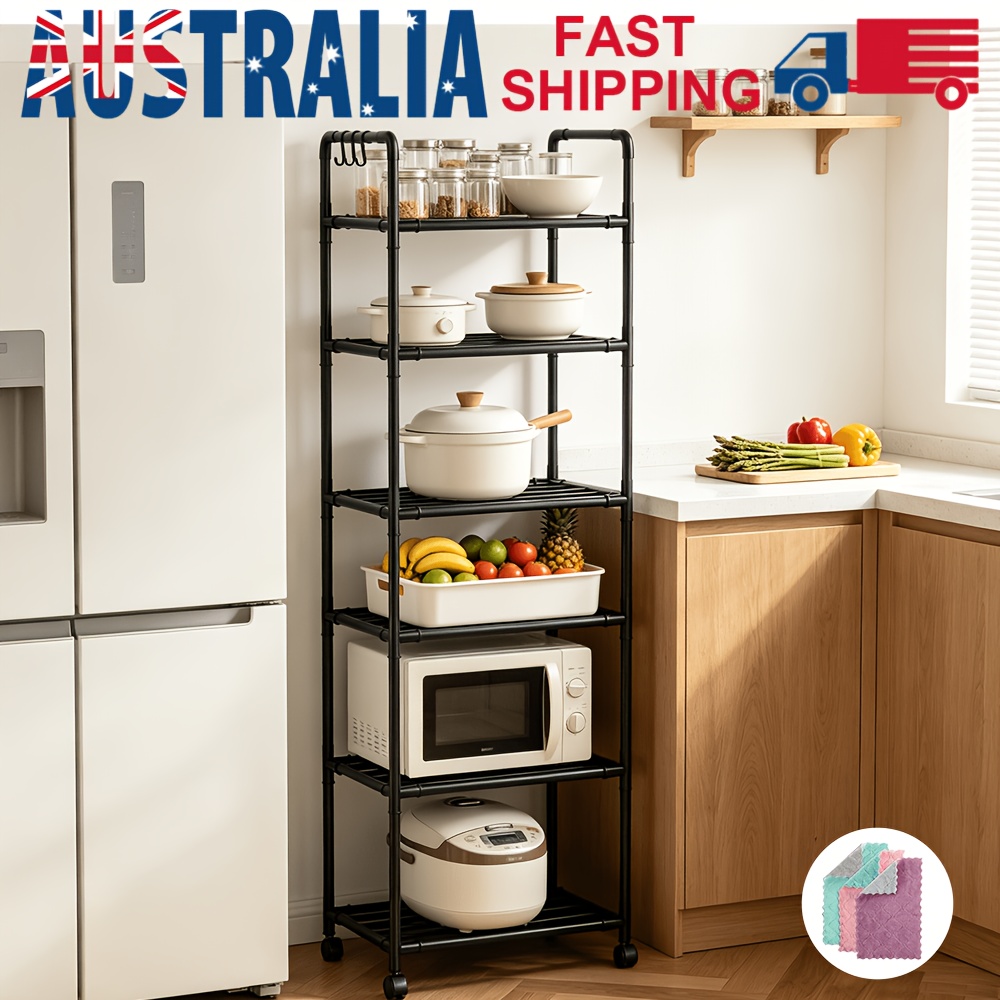TEMU Practical Shelf 6-tier Pulley Kitchen Shelf, Metal Shelf, Heightened , Adjustable Tier Height, Floor-standing Shelf, Microwave And Pot Storage