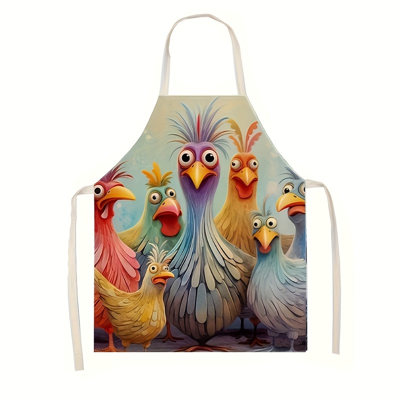 

1pc Fun Cartoon Chicken Pattern Apron - Linen Woven Kitchen Apron With Adjustable Neck Strap And Front Pockets