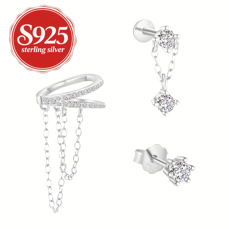 3pc S925 Silver Double-Layer Tassel Ear Clips — Birthday Gift